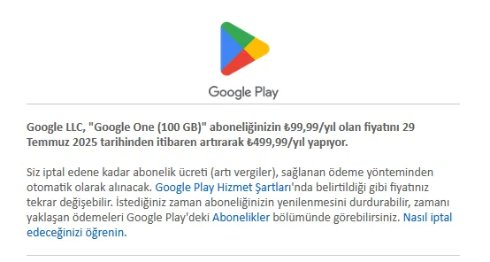 Google One Fiyat Artışı