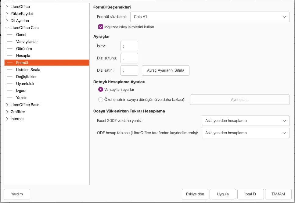 Libreoffice Calc Ayarlar Ekranı